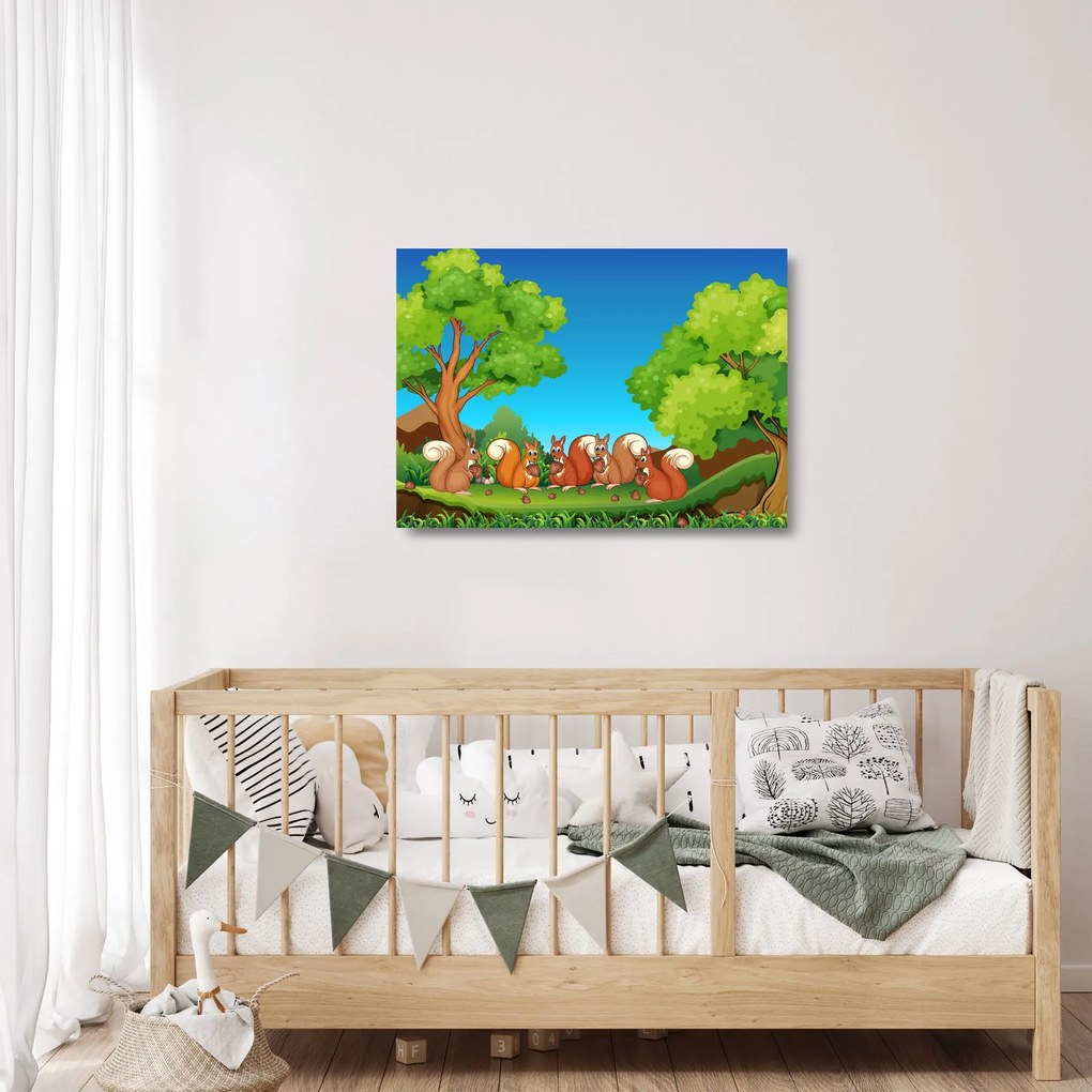 Tablou pe sticlă - Veverițe vesele (70x50 cm)