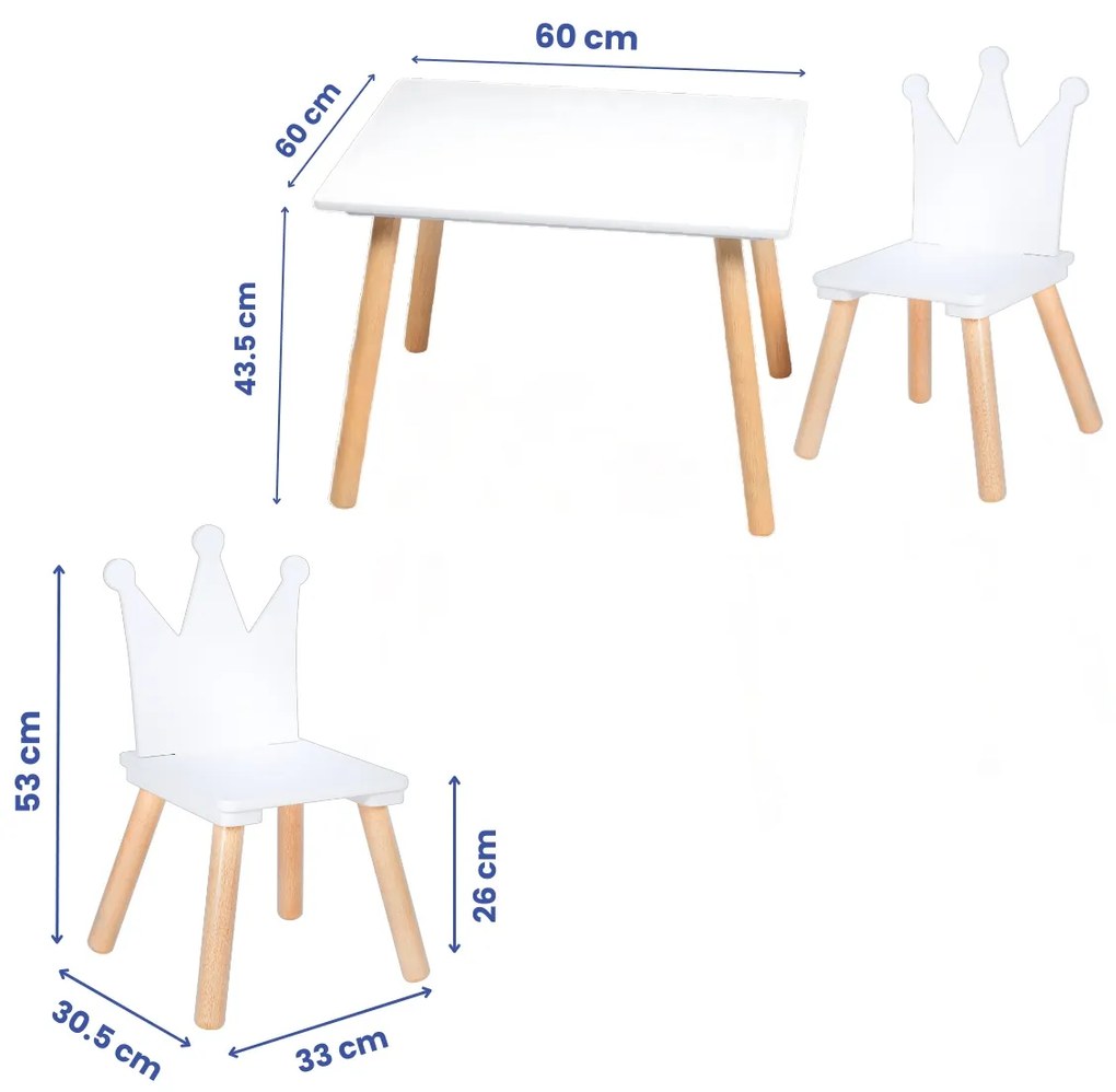 Set Masa si 2 Scaune Suporto pentru Copii din Lemn MDF, Model Print si Printesa, Scaun in Forma de Coronita, Varsta 3-6 Ani, cu Margini Rotunjite, Alb