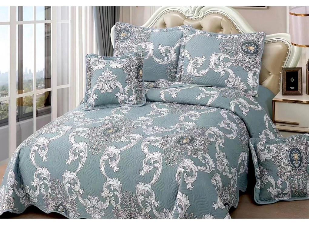 Cuvertură bumbac 100%, verde-albăstrui cu paisley, 5 piese, 230x250 cm, CB209