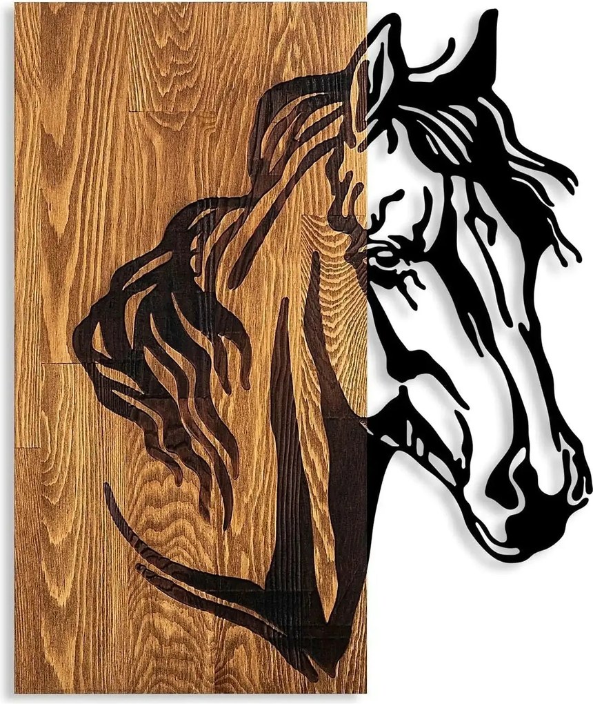 Decoratiune perete HORSE 1, stejar/negru, lemn/metal, 48x57 cm