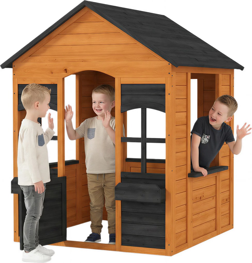AIYAPLAY Căsuță pentru copii în aer liber din lemn, casă exterioară pentru copii, ușă pe jumătate, ferestre, jardiniere, 3-8 ani, maro deschis | Aosom Romania