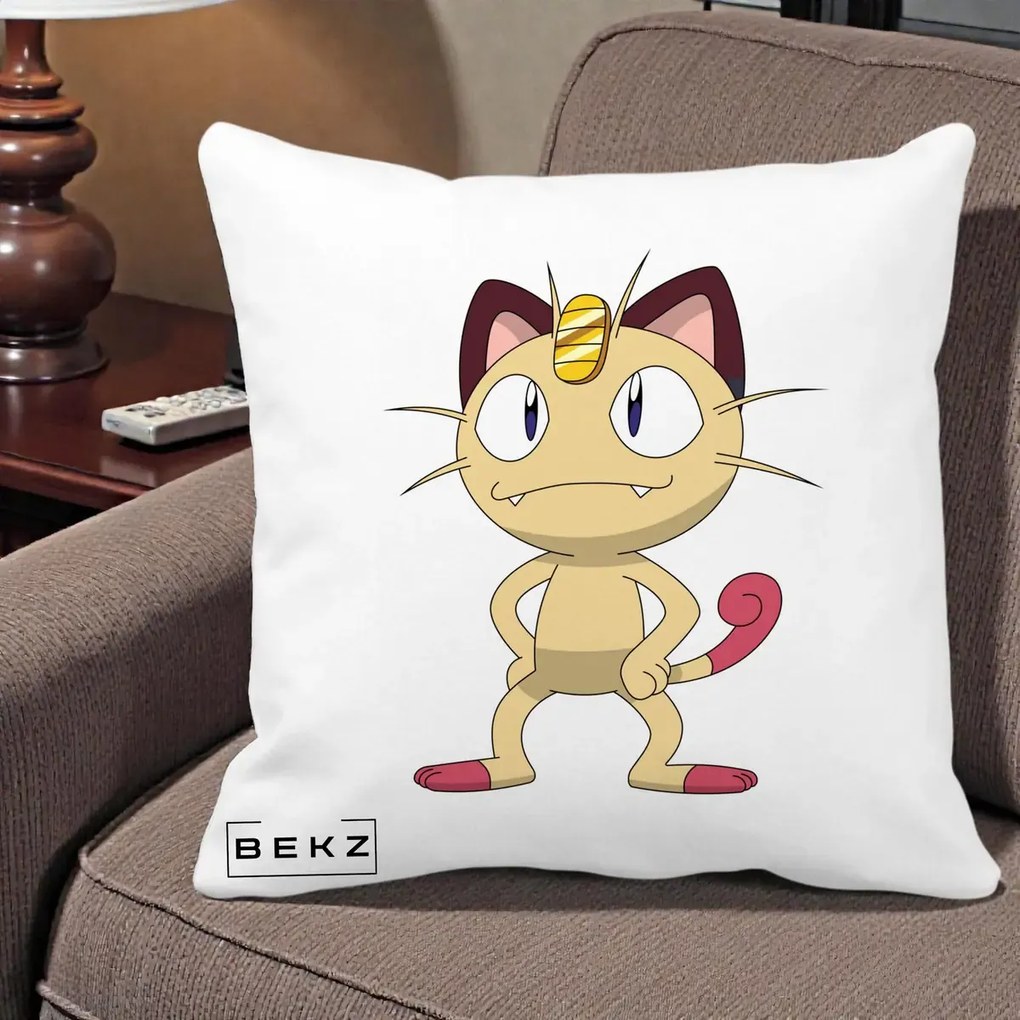 Perna Personalizata Meowth Pokemon, 40x40 cm, Alba Mata, Husa Detasabila, Perna Inclusa, BEKZ®