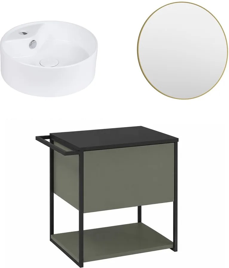 Set dulap baza suspendat Krofam Lov verde-negru 60 cm blat negru cu lavoar 38 cm si oglinda cu rama aurie