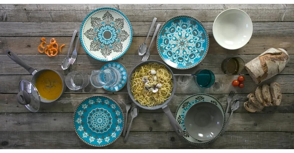 Set 18 farfurii din gresie și porțelan Villa d'Este Cala, multicolor