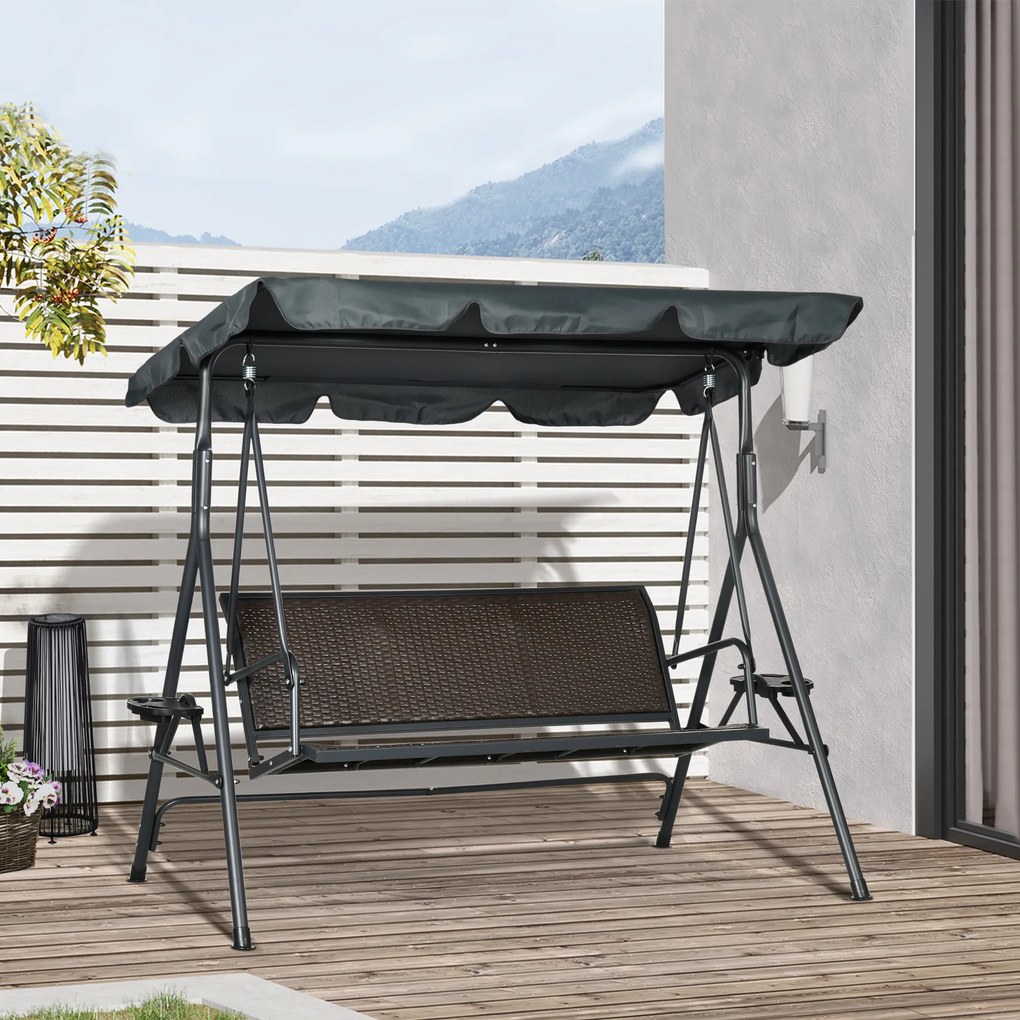 Outsunny Leagăn de Grădină de 3 Locuri cu Acoperiș Reglabil Suporturi pentru Pahar și Tăvițe Scaun 320 kg 204x112x150 cm Gri | Aosom Romania