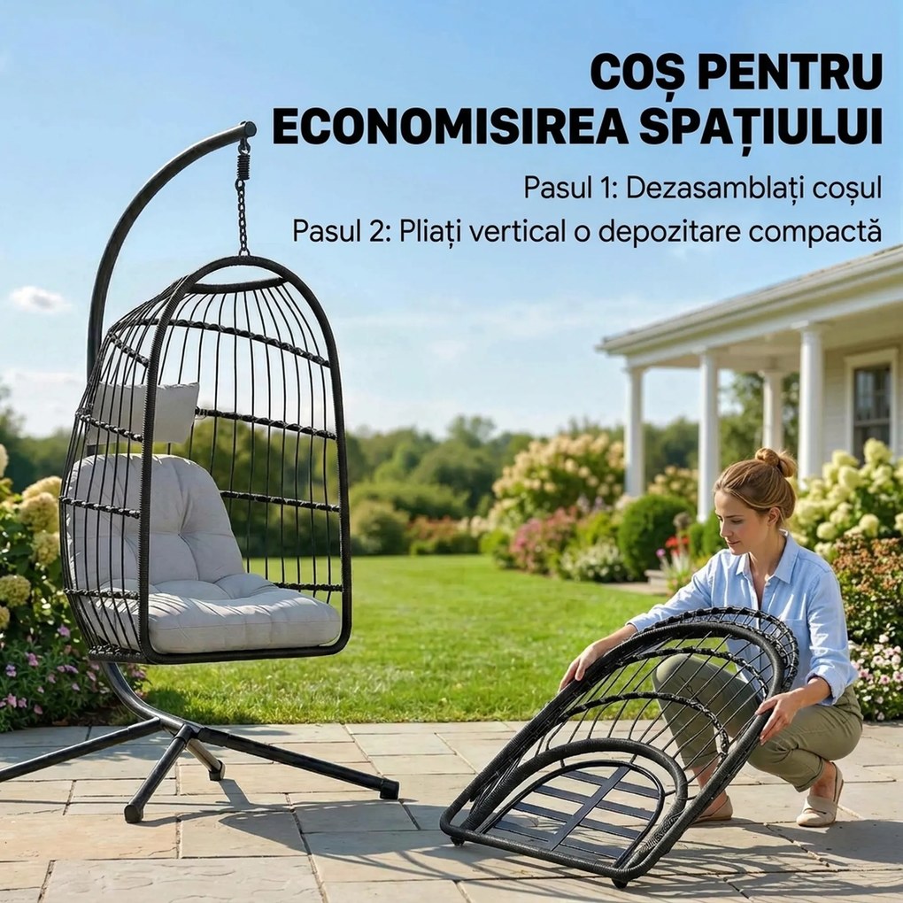 Outsunny Scaun Suspendat Tip Ou, Leagăn pentru Exterior cu Suport și Centură de Siguranță, Negru/Gri Deschis | Aosom Romania