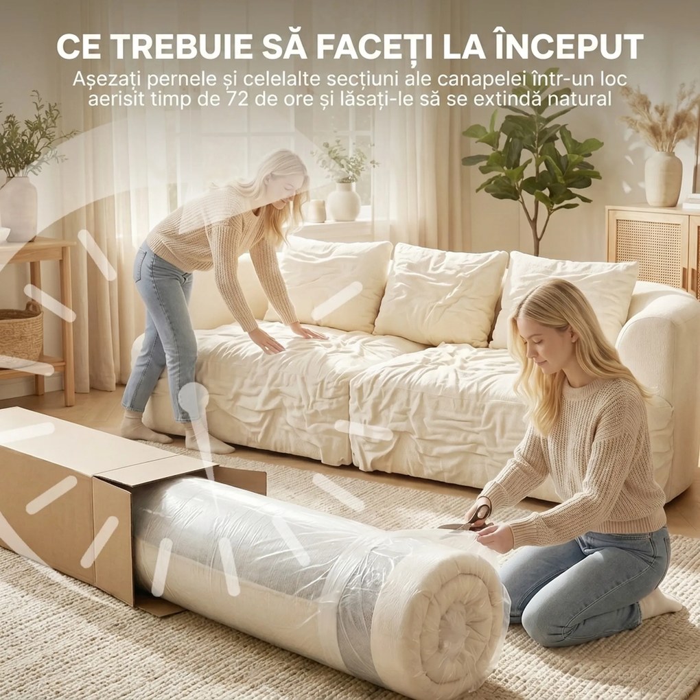 HOMCOM Canapea 3 Locuri Modulară 260cm Fără Structură cu Șezut Generos, Pernă Groasă, 3 Perne, din Catifea, Crem | Aosom Romania