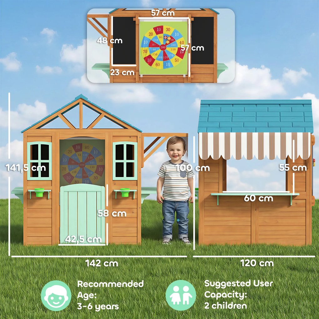 AIYAPLAY Căsuță de joacă pentru exterior cu tejghea de vânzare, ghiveci pentru plante, tablă de cretă, țintă, 4 bile 142 x 120 x 141,5 cm Multicolor | Aosom Romania