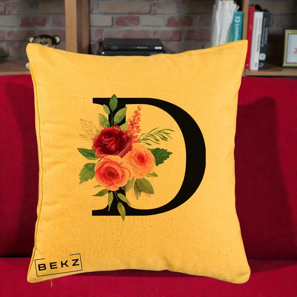 Cadou Personalizat - Perna Personalizata Monograma Florala Litera D, 40x40 cm, Galben, Husa Detasabila, Perna Inclusa, BEKZ®