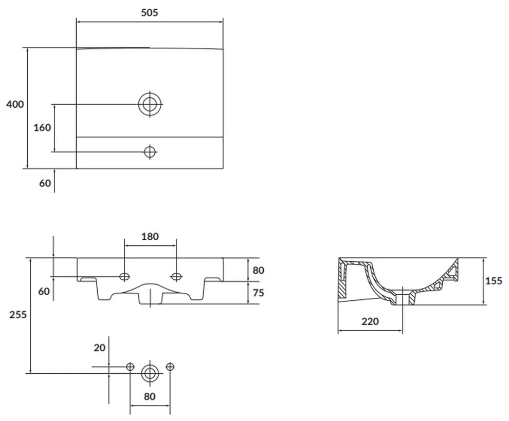 Lavoar suspendat alb 50 cm, dreptunghiular, Cersanit Larga 505x400 mm