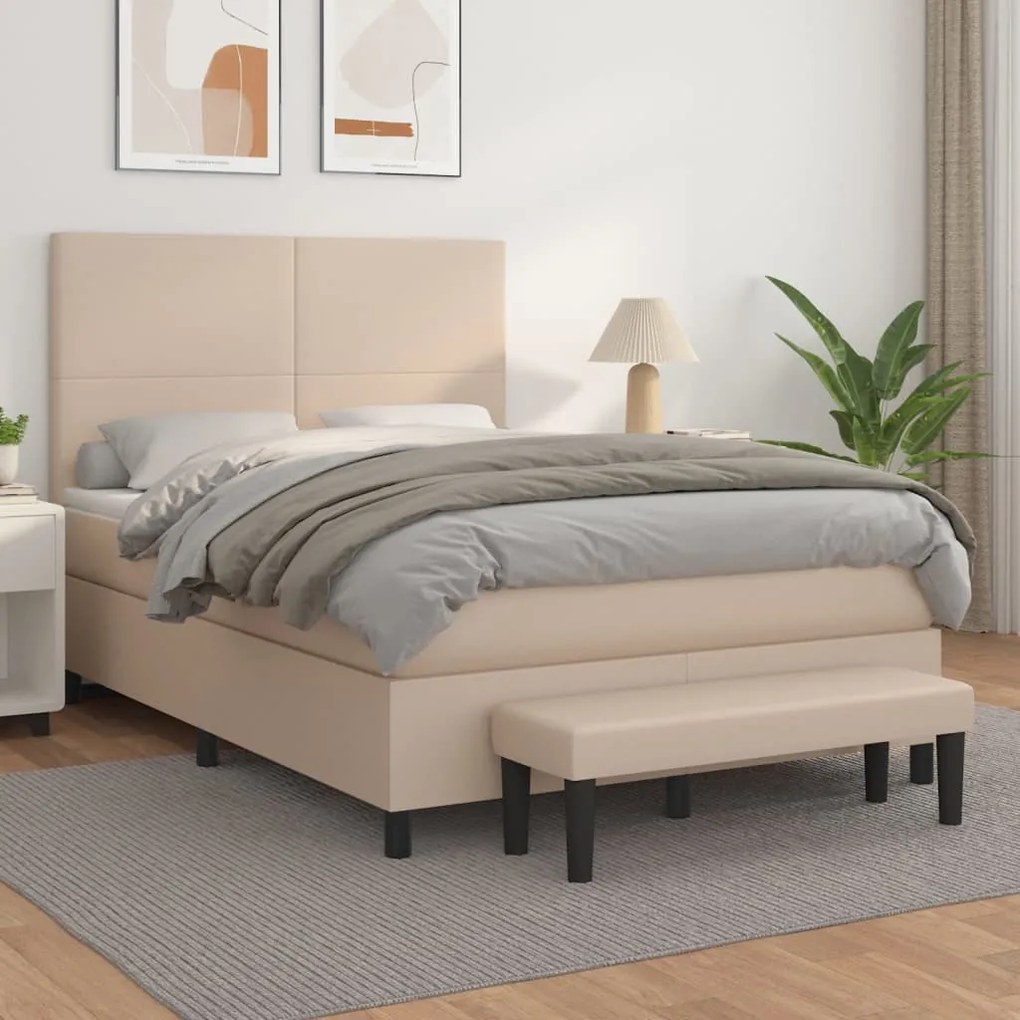 vidaXL Pat box spring cu saltea, cappuccino, 140x190cm piele ecologică