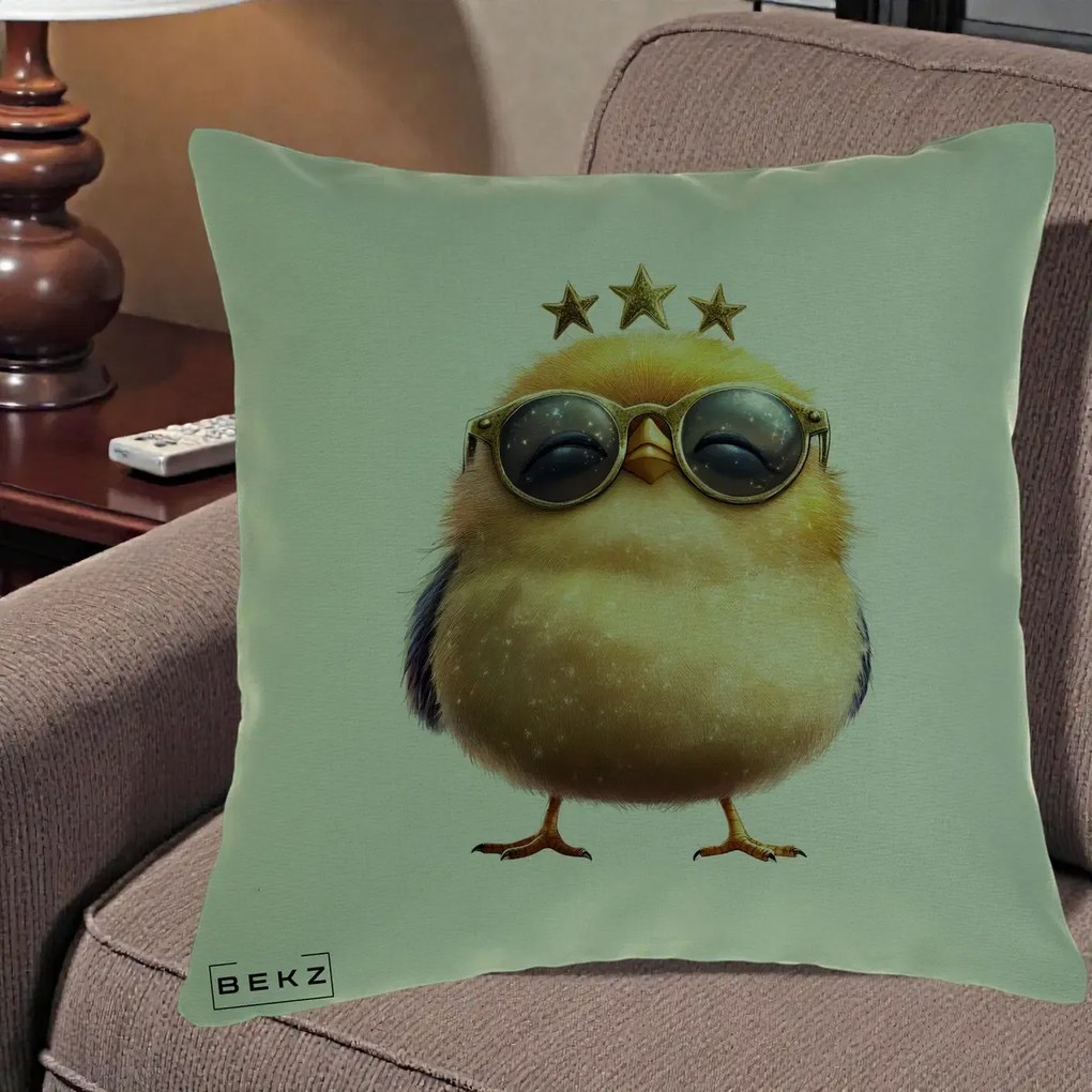 Perna Decorativa Pui Gold Star cu Ochelari Aurii, 40x40 cm, Verde, Husa Detasabila, Perna Inclusa, BEKZ®