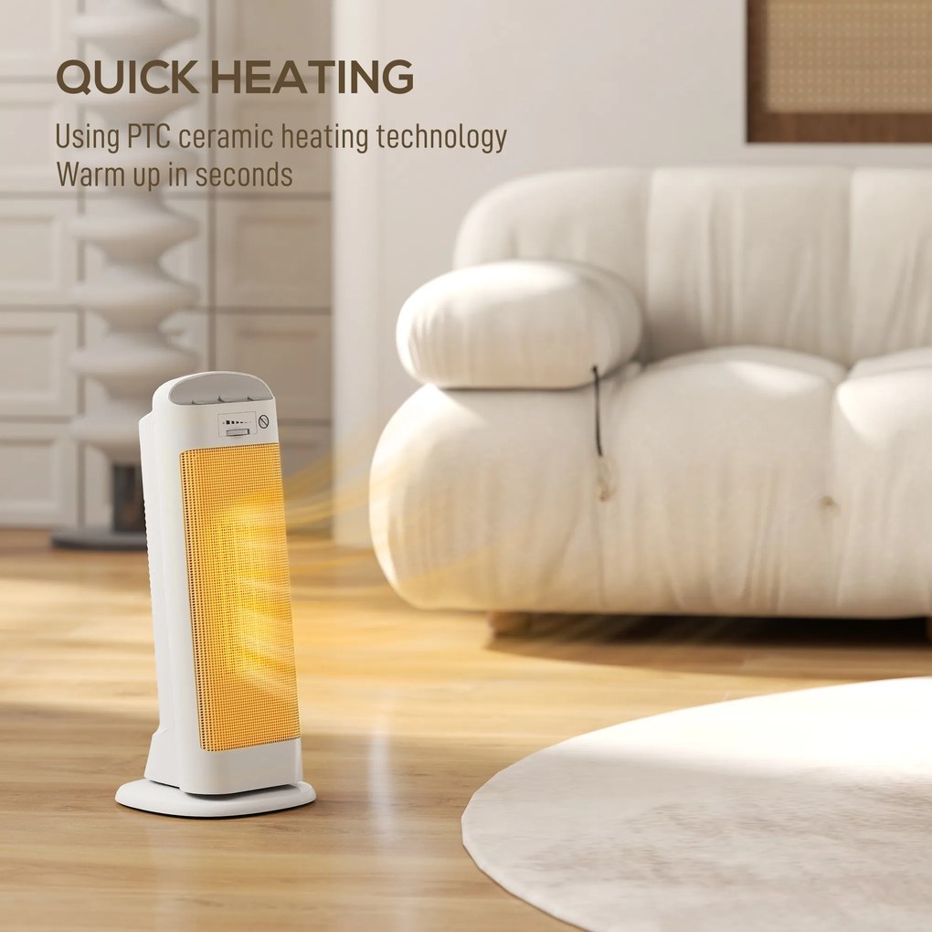 HOMCOM Sobă Electrică Ceramică 2000W, 4 Moduri și Încălzire Reglabilă, Oscilație 55°, Alb | Aosom Romania