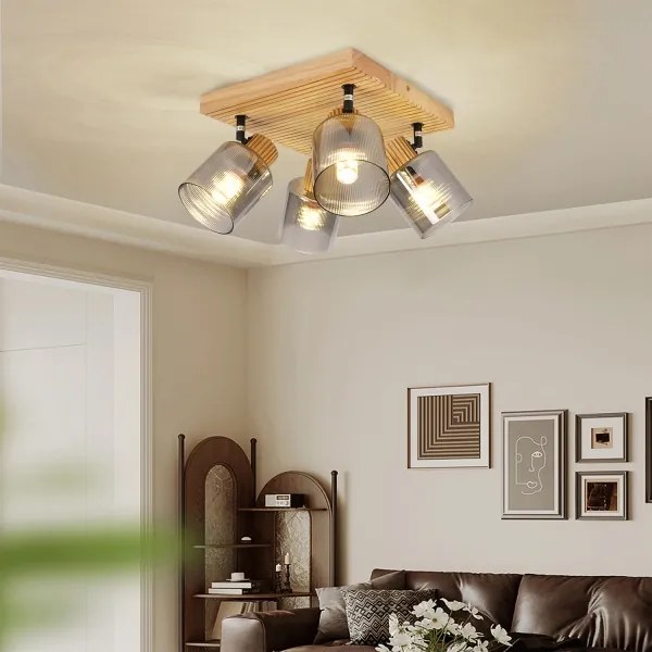 Brilagi - Plafonieră cu spoturi HYGGE, 4 x E14 / 15 W / 230 V, lemn de hevea / fumuriu
