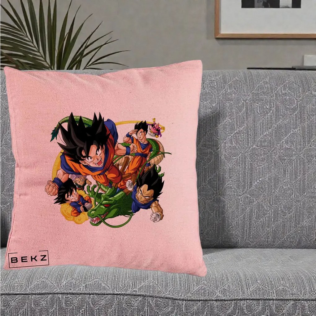 Perna Personalizata Dragon Ball Goku si Shenron Actiune, 40x40 cm, Roz, Husa Detasabila, Perna Inclusa, BEKZ®