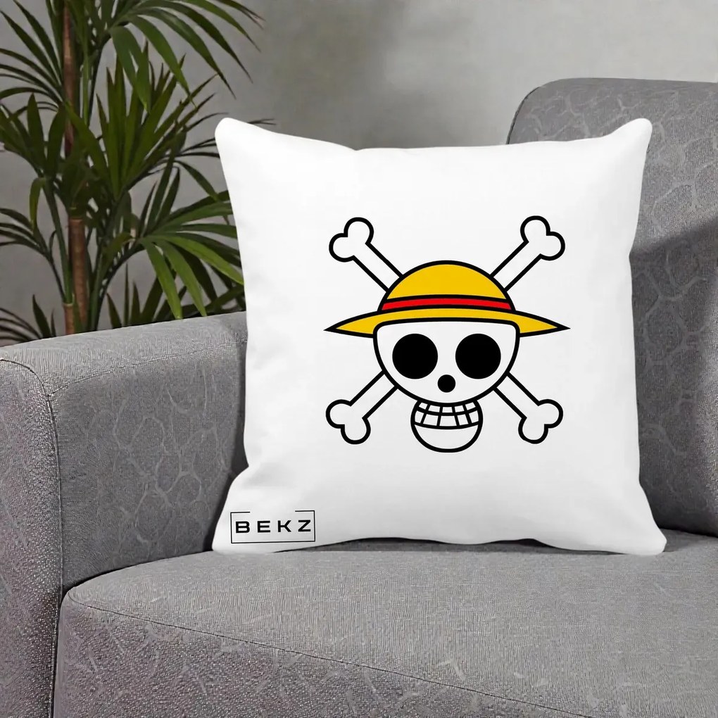 Perna Personalizata One Piece Jolly Roger Straw Hat Pirates, 40x40 cm, Alba Mata, Husa Detasabila, Perna Inclusa, BEKZ®