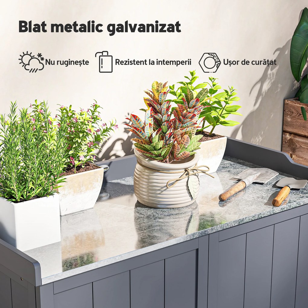 Outsunny Dulap pentru Exterior din Lemn de Brad cu Blat de Lucru din Metal Zincat si 2 Rafturi pentru Scule, 98x48x95.5 cm, Gri | Aosom Romania