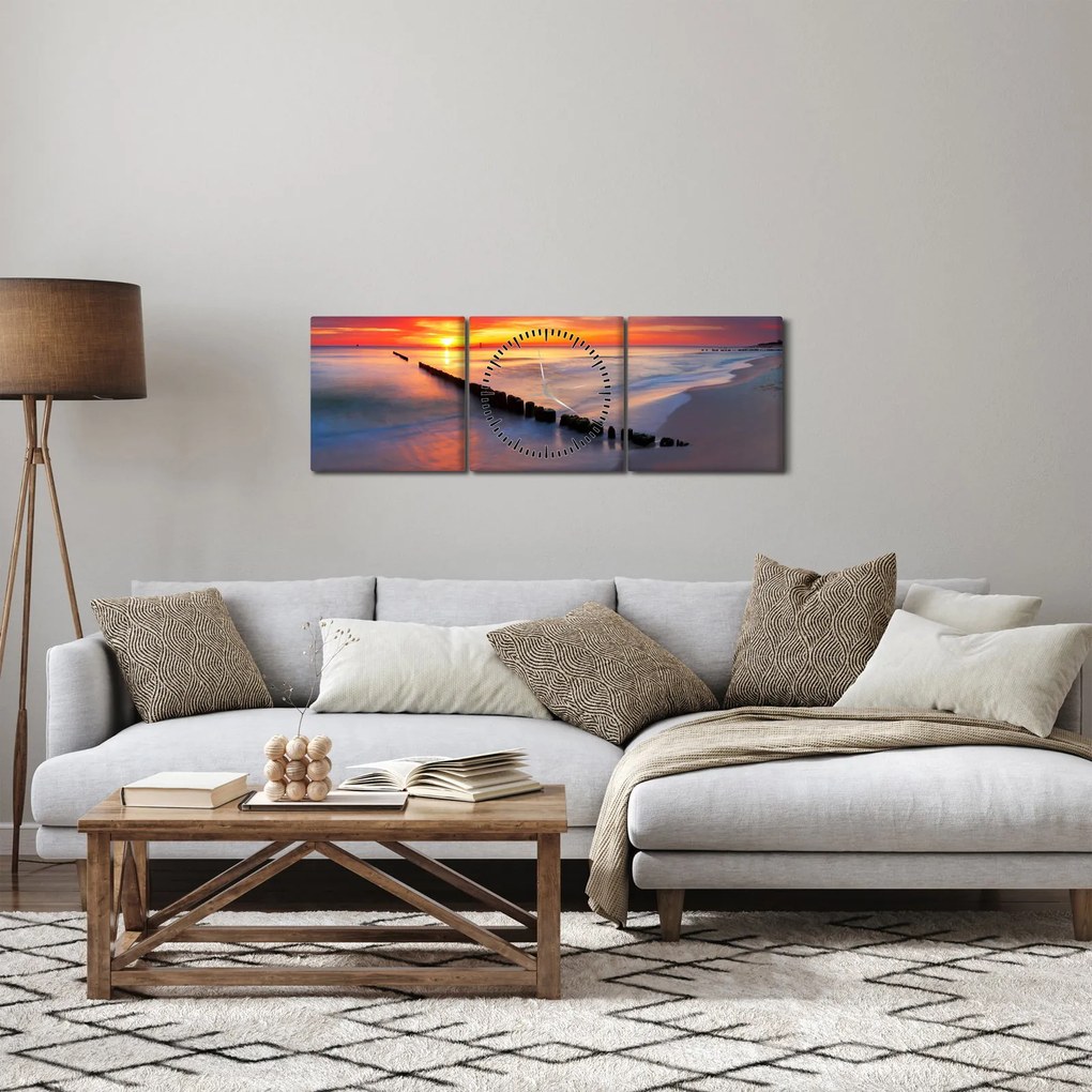 Tablou - Apus de soare, Marea Baltică, Polonia (cu ceas) (90x30 cm)