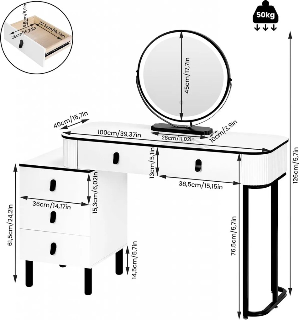 Masuta machiaj cu Oglinda LED si 5 Sertare pentru Cosmetice, Set Masa toaleta 100 cm, Alb, masuta cosmetica, vanity - SEA470