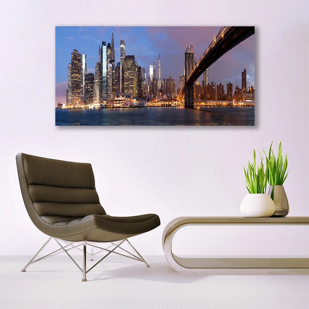 Tablou pe panza canvas Bridge City Case Galben Maro Gri Albastru