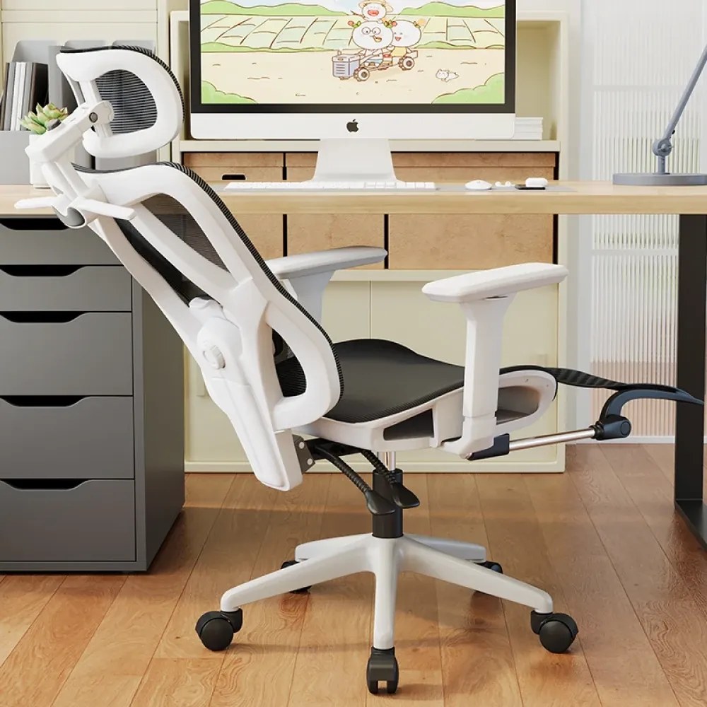 RESIGILAT- Scaun ergonomic cu suport lombar 4D, tetieră reglabilă 4D, cotiere 3D, pivotant 360°, suport pentru picioare, Mesh, Alb/Negru