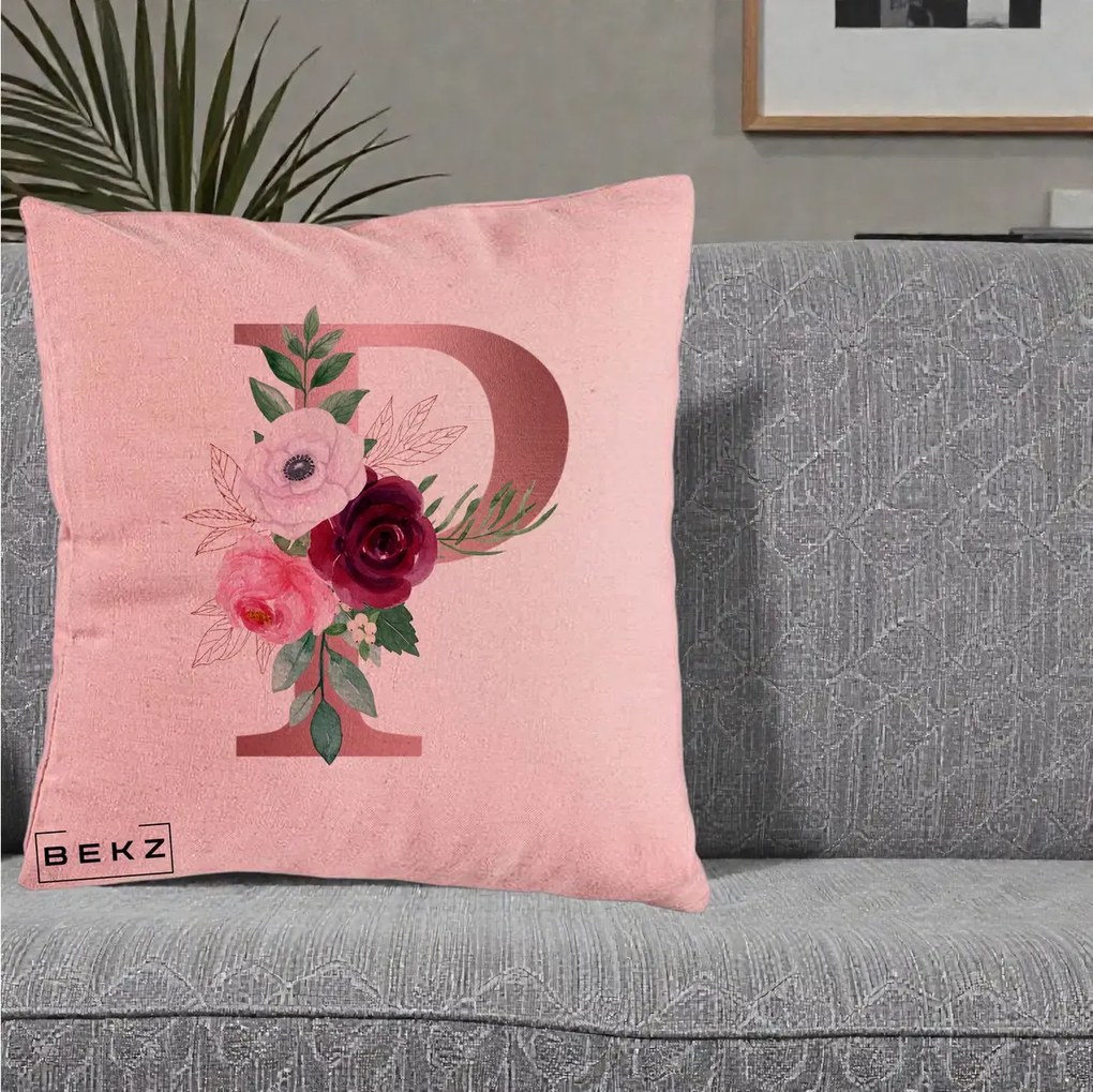 Cadou Personalizat - Perna Personalizata Monograma Rose Gold Litera P, 40x40 cm, Roz, Husa Detasabila, Perna Inclusa, BEKZ®