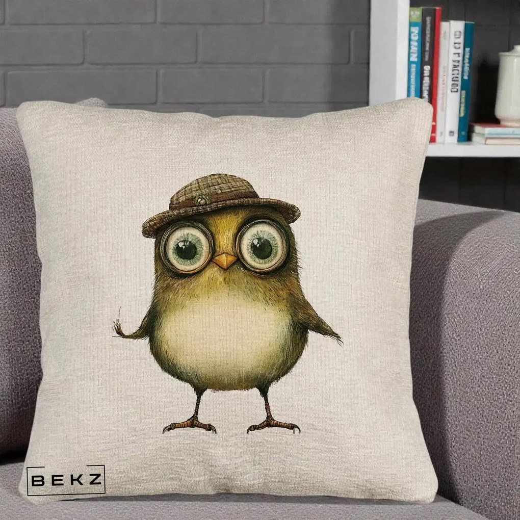 Perna Decorativa Pui Intelectual cu Palarie Tweed, 40x40 cm, Bej Canapea, Husa Detasabila, Perna Inclusa, BEKZ®