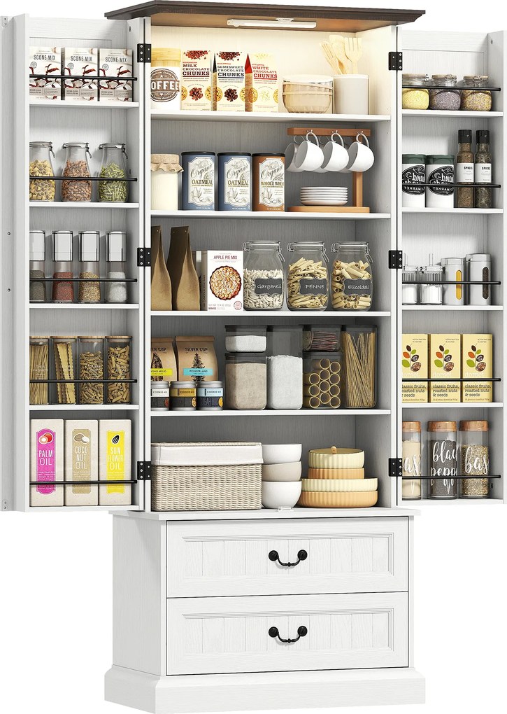 HOMCOM Bufet înalt bucătărie, dulap de bucătărie, LED cu senzor, 2 uși, sertare și rafturi reglabile, 76x39,5x183cm, alb | Aosom Romania