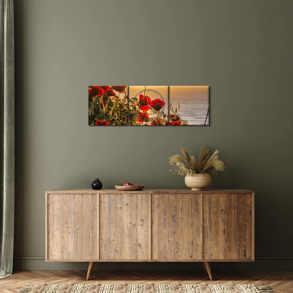 Tablou cu apus de soare cu flori de maci (cu ceas) (90x30 cm)