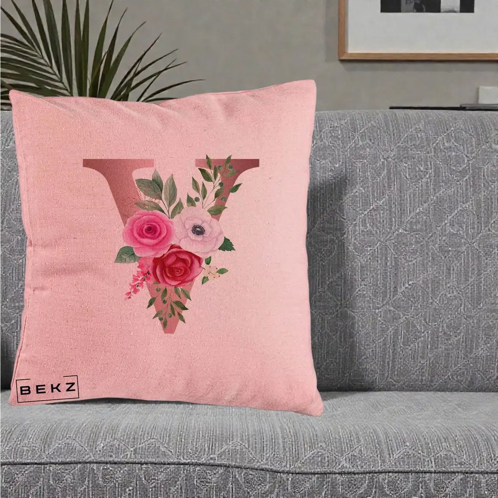 Cadou Personalizat - Perna Personalizata Monograma Rose Gold Litera V, 40x40 cm, Roz, Husa Detasabila, Perna Inclusa, BEKZ®