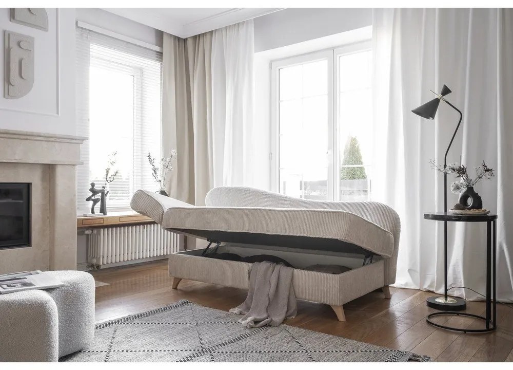 Șezlong bej cu tapițerie din catifea reiată (cu colț pe partea stângă) Chic Charlotte – Miuform