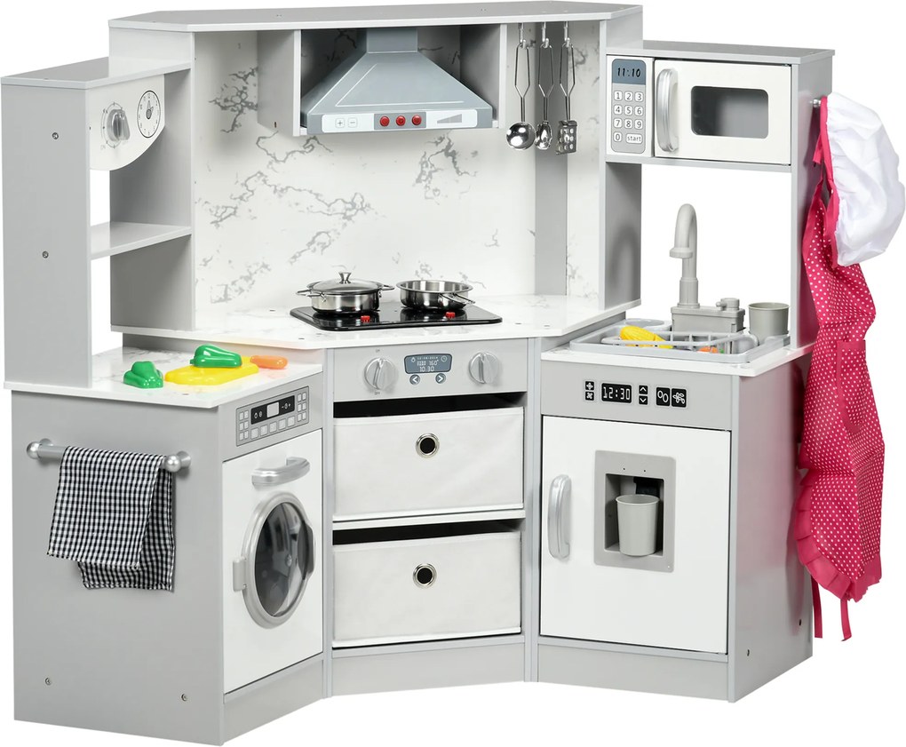 AIYAPLAY Bucătărie pentru copii din lemn cu 17 accesorii legume din plastic butoane și lumini șapcă 3-6 ani gri alb | Aosom Romania