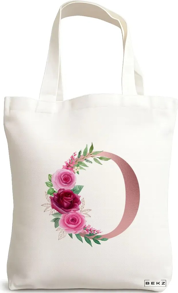 Sacosa de Panza pentru Cumparaturi, Geanta Tote, Cu litera O Rose Gold si Trandafiri, 38x34.5 cm, Alba, BEKZ®