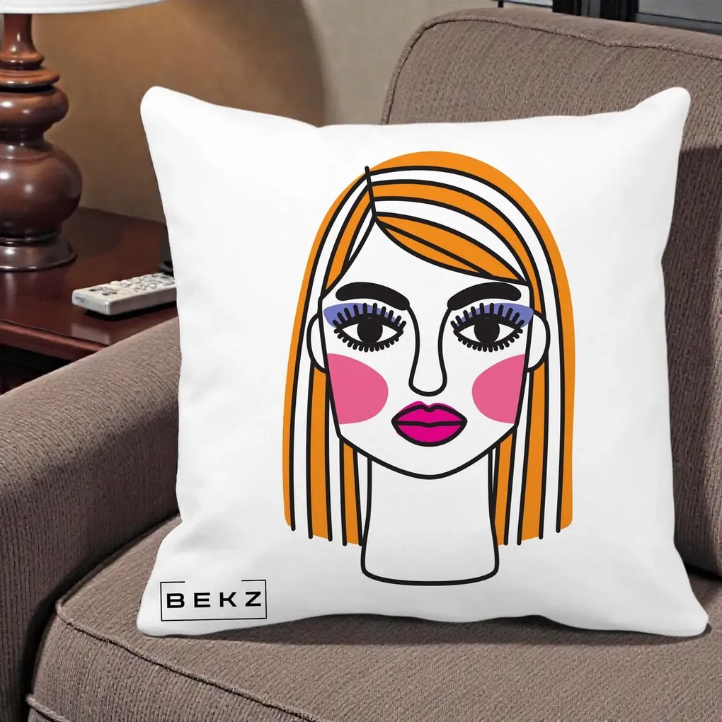 Perna Decorativa Portret Pop Art Fata, 40x40 cm, Alba Mata, Husa Detasabila, Perna Inclusa, BEKZ®