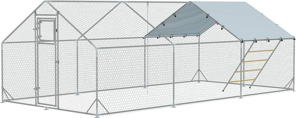 PawHut Grajd pentru pui, Incinta pentru pui de grajd, cu Pânză rezistentă la UV, Plasă de sârmă de oțel, Automat pentru furaje, pentru 18-24 pui | Aosom Romania