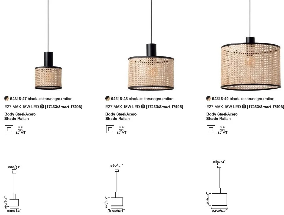 Lustra pendul moderna design natural MAMBO simple 21cm negru/ratan 64315-47