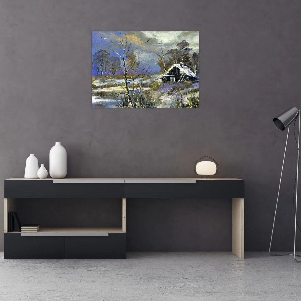 Tablou pe sticlă -Cabane într-un peisaj de iarnă, pictură în ulei (70x50 cm)