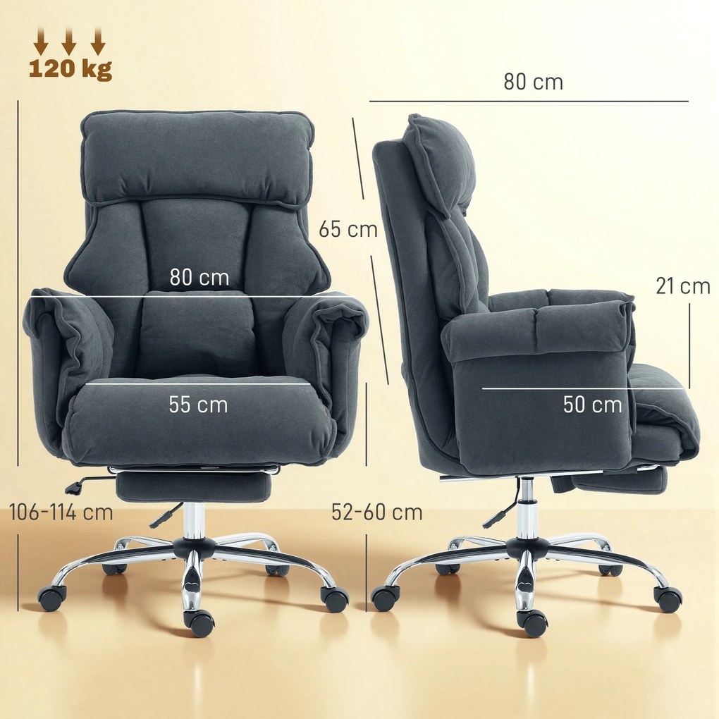 HOMCOM Scaun de birou rotativ reglabil pe înălțime cu suport lombar, suport pentru picioare, flanel Snow, 80 x 80 x 106-114 cm Gri închis | Aosom Romania