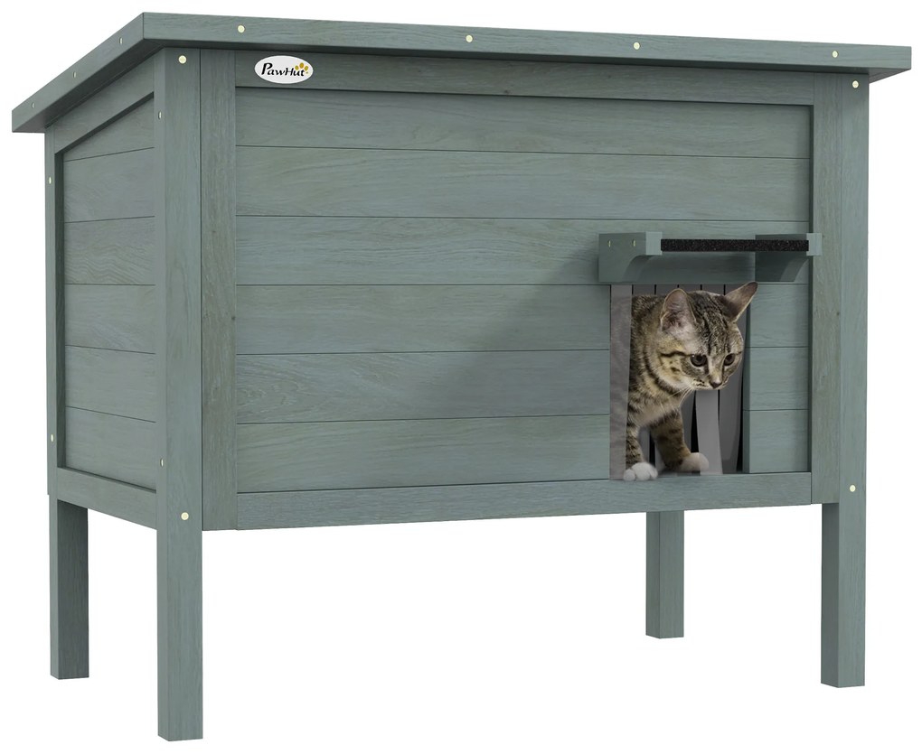 PawHut Casa pentru pisici adăpost de exterior din lemn ridicată cu acoperiș deschis izolată 85 x 50 x 68,5 cm gri închis și negru | Aosom Romania
