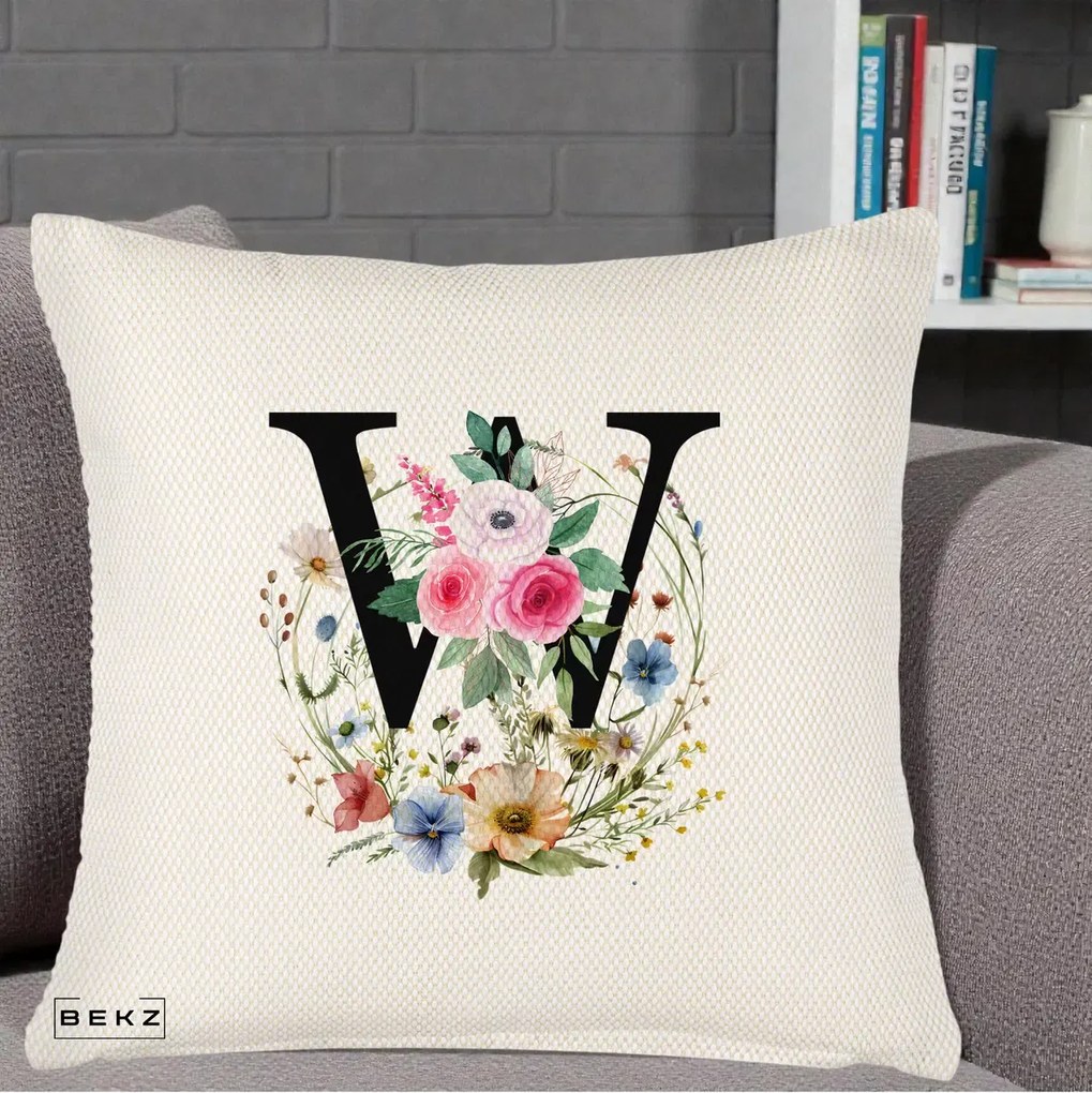 Cadou Personalizat - Perna Personalizata Monograma Florala Litera W, 40x40 cm, Crem Reliefat, Husa Detasabila, Perna Inclusa, BEKZ®
