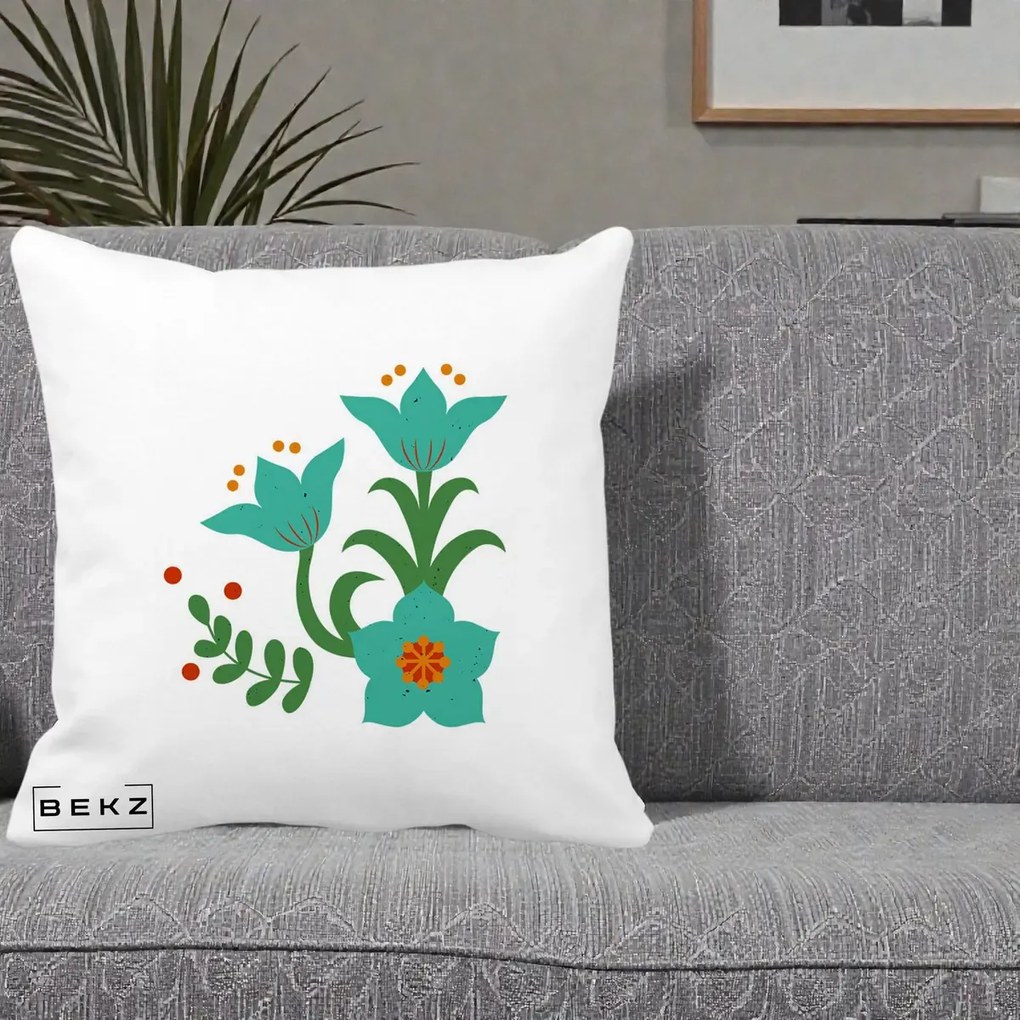 Perna Decorativa Flori Stilizate Folk Turcoaz, 40x40 cm, Alba Mata, Husa Detasabila, Perna Inclusa, BEKZ®