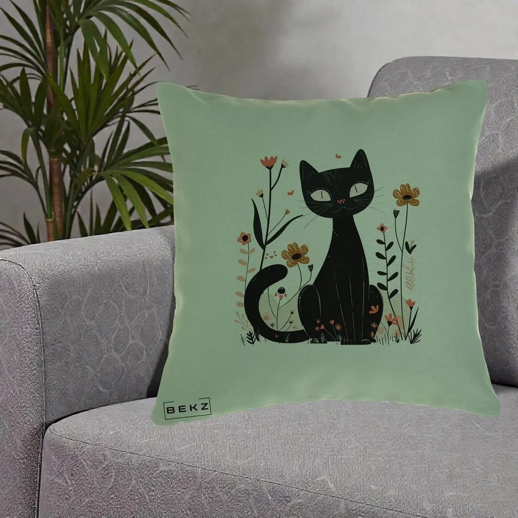 Perna Decorativa Pisica Neagra Flori Pastel Folk, 40x40 cm, Verde, Husa Detasabila, Perna Inclusa, BEKZ®