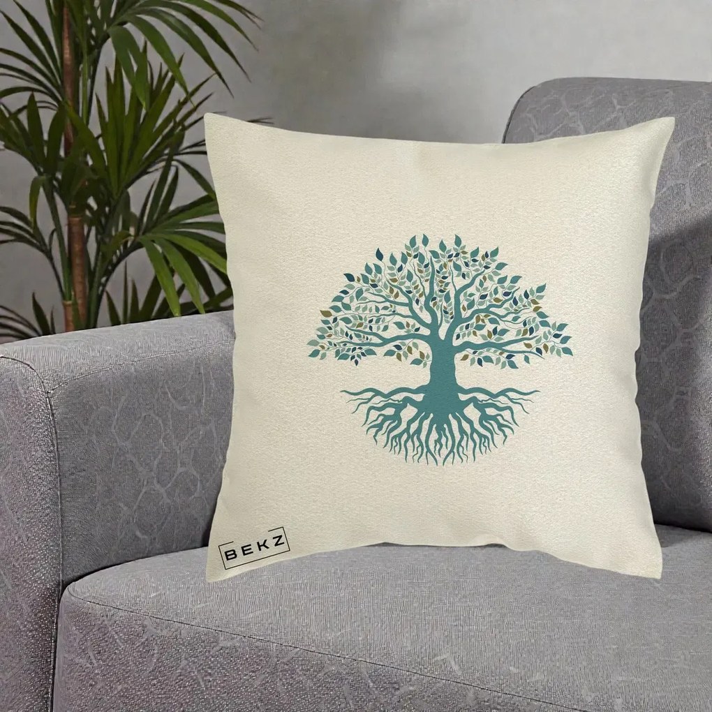 Perna Decorativa Copacul Vietii Teal cu Radacini, 40x40 cm, Ecru, Husa Detasabila, Perna Inclusa, BEKZ®