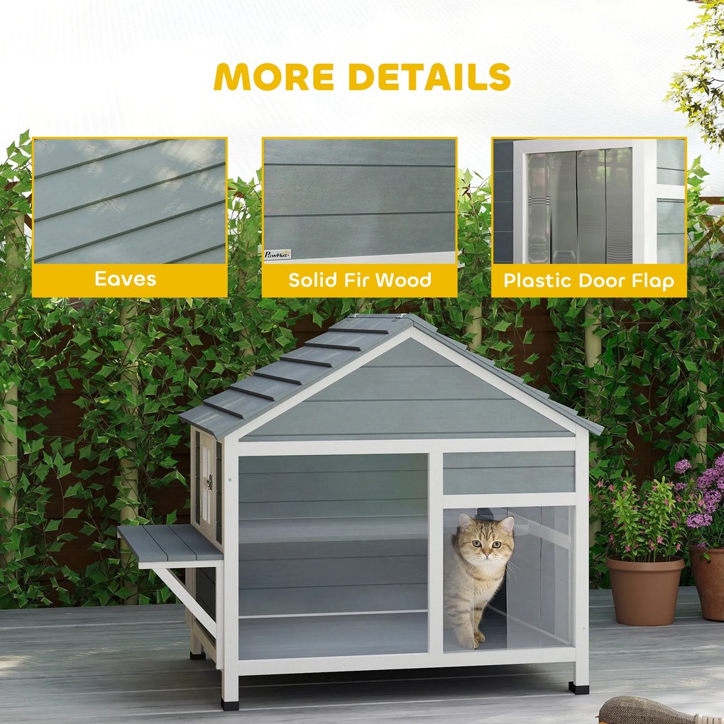 PawHut Casă pentru Pisici Exterioară cu Acoperiș Deschizabil, Fereastră Panoramică, Ușă cu Obloane și Platformă de Odihnă 101x72,5x81cm Gri | Aosom Romania