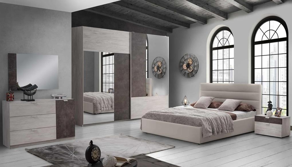 Dormitor Urban, ulm/maro, pat 180x200 cm, dulap cu 2 usi culisante, 2 noptiere, comoda