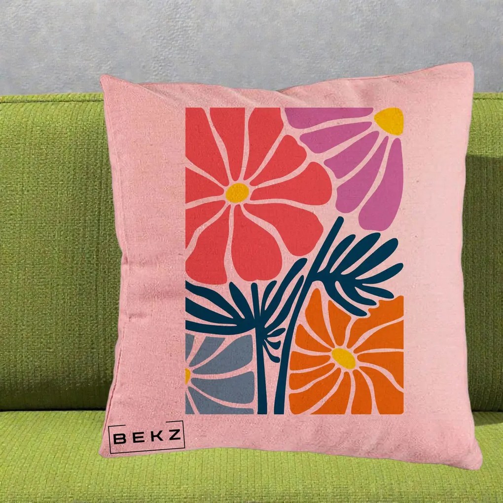 Perna Decorativa Flori Grafice Roz-Orange-Albastru, 40x40 cm, Roz, Husa Detasabila, Perna Inclusa, BEKZ®
