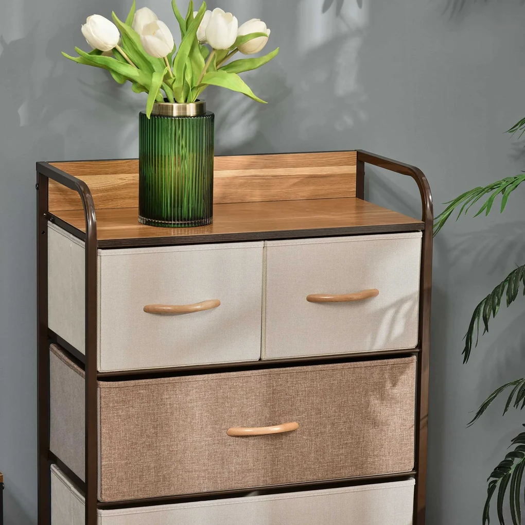 Comoda cu 5 sertare pliante din material textil si raft din MDF, mobilier pentru camera de zi si dormitor, 58x29x99cm, multicolor | Aosom Romania