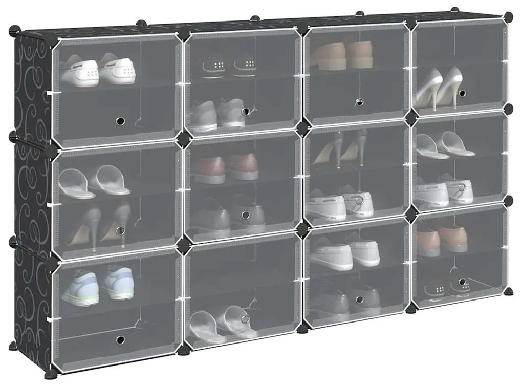 vidaXL Organizator cub de depozitare cu uși, 12 cuburi, negru, PP