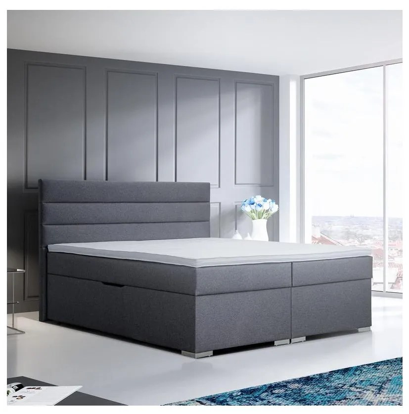 Pat tapițat NEW BOLERO 180x200 cm, cu spațiu de depozitare și saltele cu topper, gri