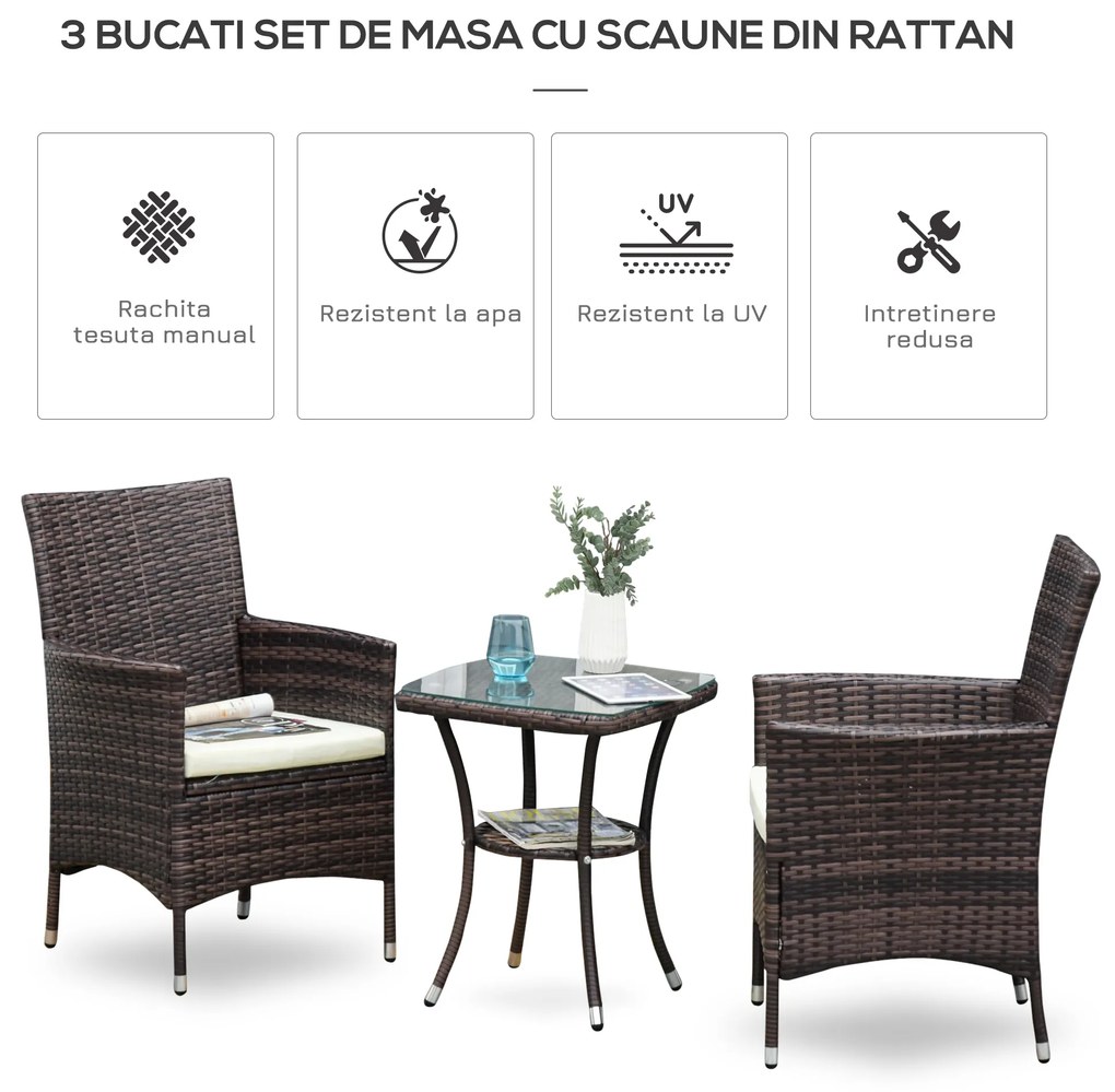 Outsunny Set Mobilier Gradina din Ratan 2 Fotolii Terasa si Masa de Cafea in Sticla cu Perne Decorative, 48x48x60cm Maro | Aosom.ro | Aosom Romania